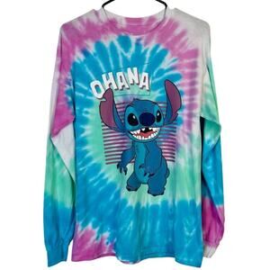 Disney Tie-Dye Long Sleeve Shirt With Stitch Ohana Graphic, Women's M